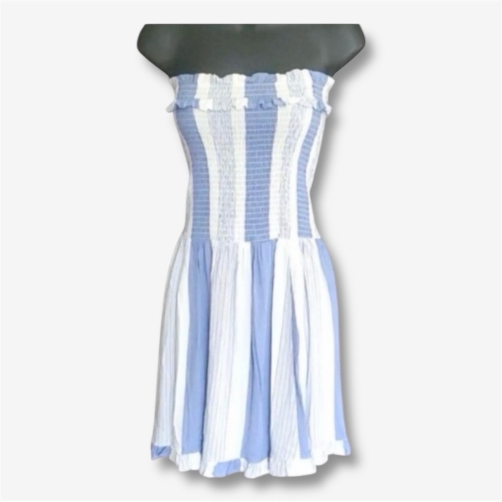 Ocean Drive Womens Strapless Striped Mini Dress Blue and White Ruffled Sz Large